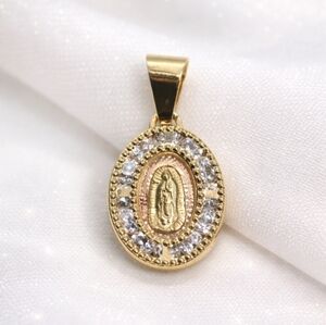 10K Mexican Gold Tricolor Virgin Miraculous Medal CZ Pendant Charm